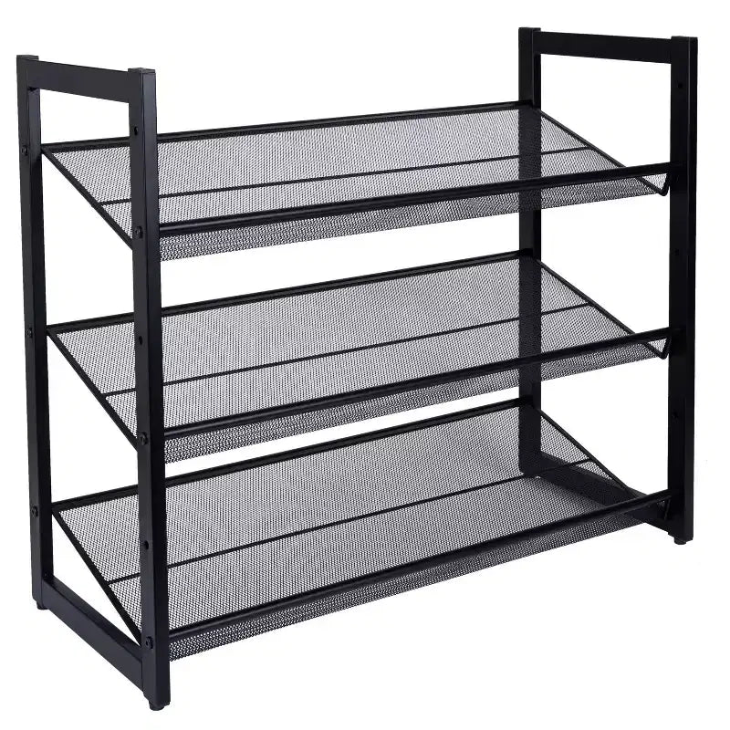 Schuhregal-Organizer mit 3 Etagen und Netz, schwarz: Eisenrahmen, fasst 12 Paar, freistehend, 73,7 cm B x 62 cm T x 30,5 cm H