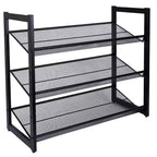 Schuhregal-Organizer mit 3 Etagen und Netz, schwarz: Eisenrahmen, fasst 12 Paar, freistehend, 73,7 cm B x 62 cm T x 30,5 cm H