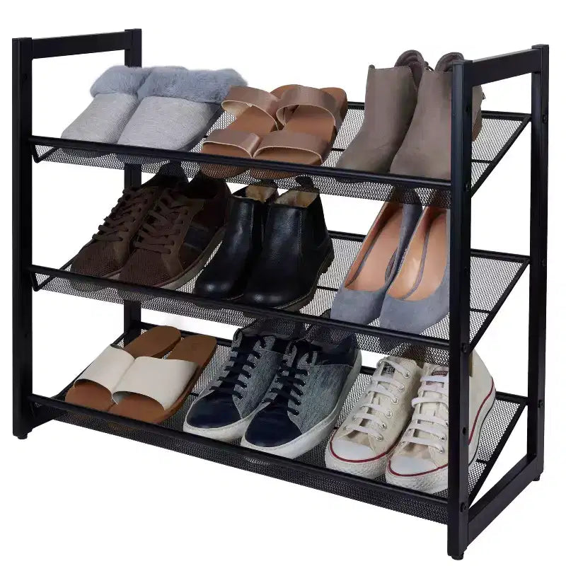 Schuhregal-Organizer mit 3 Etagen und Netz, schwarz: Eisenrahmen, fasst 12 Paar, freistehend, 73,7 cm B x 62 cm T x 30,5 cm H