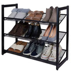 Schuhregal-Organizer mit 3 Etagen und Netz, schwarz: Eisenrahmen, fasst 12 Paar, freistehend, 73,7 cm B x 62 cm T x 30,5 cm H
