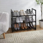 Schuhregal-Organizer mit 3 Etagen und Netz, schwarz: Eisenrahmen, fasst 12 Paar, freistehend, 73,7 cm B x 62 cm T x 30,5 cm H