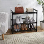 Schuhregal-Organizer mit 3 Etagen und Netz, schwarz: Eisenrahmen, fasst 12 Paar, freistehend, 73,7 cm B x 62 cm T x 30,5 cm H
