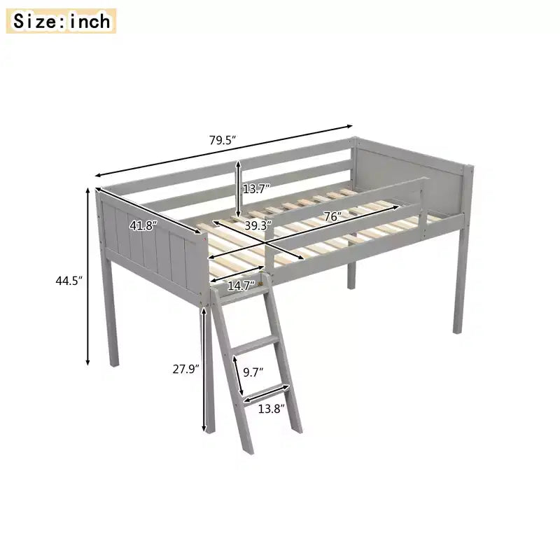 Niedriges Loftbett aus Holz in Twin/Full-Größe mit Leiter