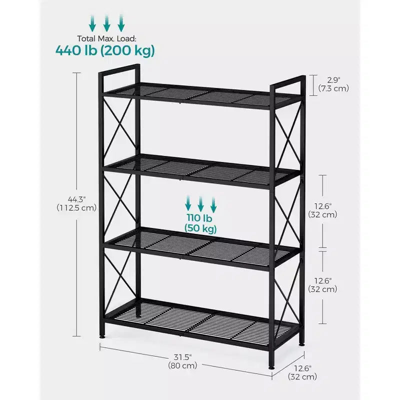 Metallregal, Standregal mit X-förmigen Seitenstreben, dichtmaschige Gitterablagen, 32 x 80 x 112,5 cm, Industriestil, Tintenschwarz