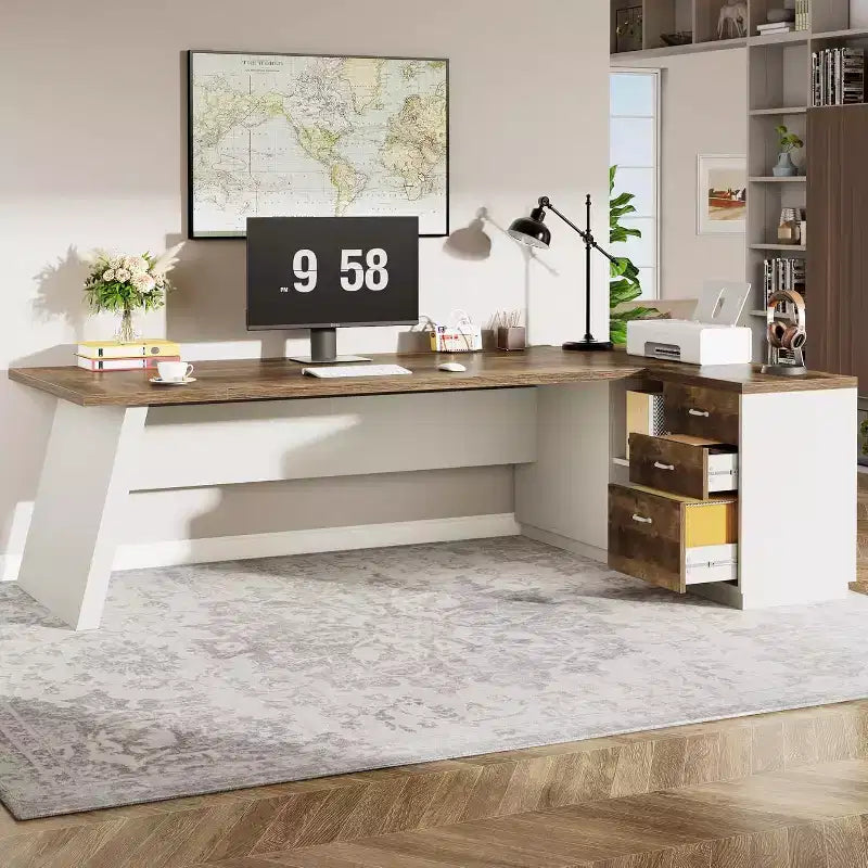 Moderner 78 L-förmiger Chefschreibtisch mit Schubladen und Aktenschrank