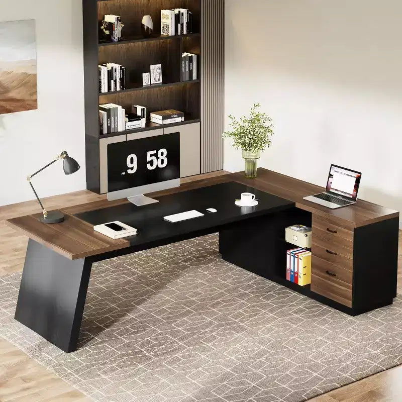 Moderner 78 L-förmiger Chefschreibtisch mit Schubladen und Aktenschrank