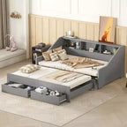 Twin to King Size Daybed with USB Ports, Storage Bookcases and Two Drawers, White/Gray-ModernLuxe
