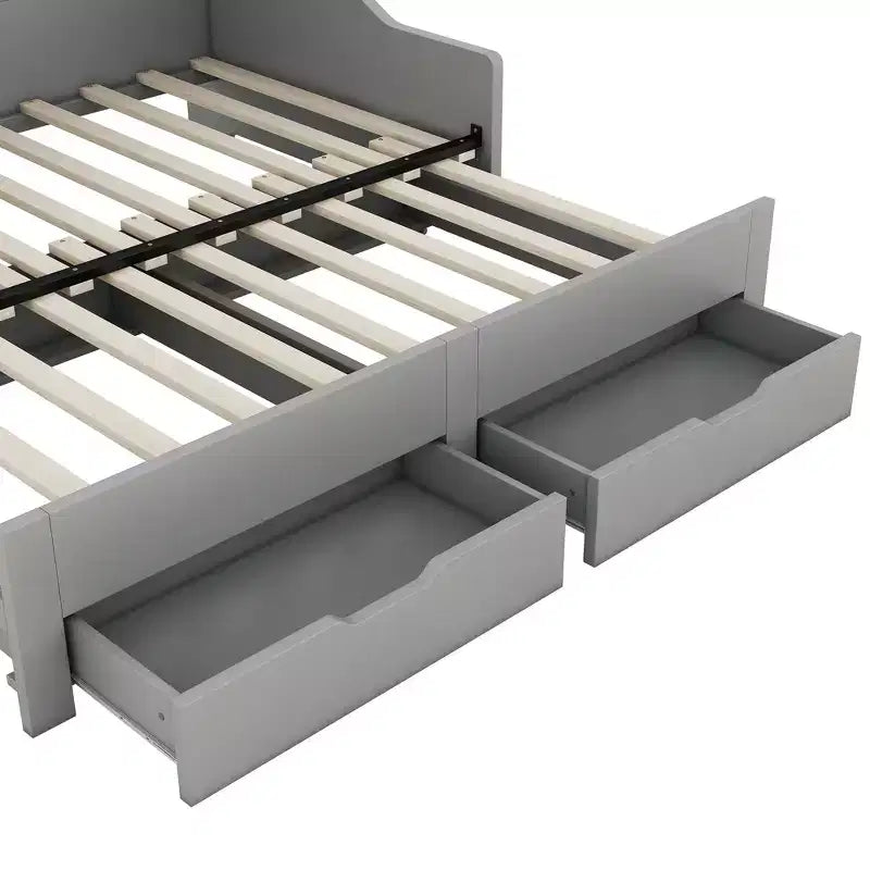 Tagesbett vom Twin- bis zum Kingsize-Format mit USB-Anschlüssen, Bücherregalen und zwei Schubladen, Weiß/Grau