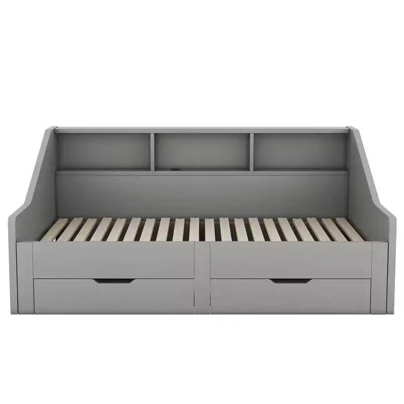 Tagesbett vom Twin- bis zum Kingsize-Format mit USB-Anschlüssen, Bücherregalen und zwei Schubladen, Weiß/Grau