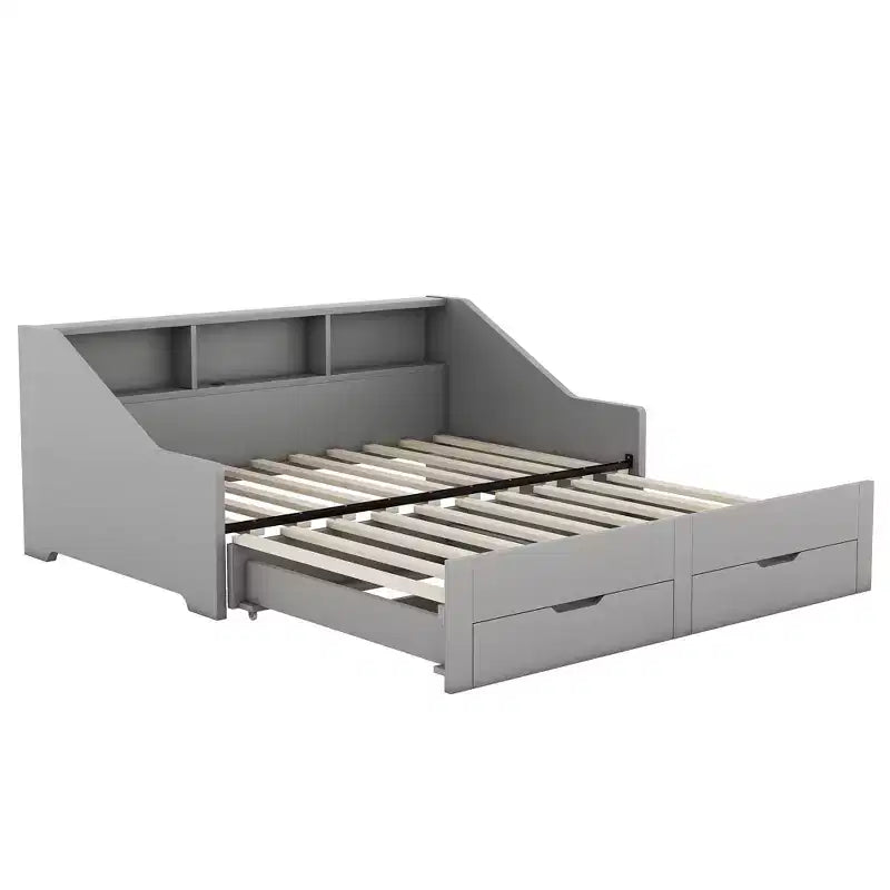 Tagesbett vom Twin- bis zum Kingsize-Format mit USB-Anschlüssen, Bücherregalen und zwei Schubladen, Weiß/Grau
