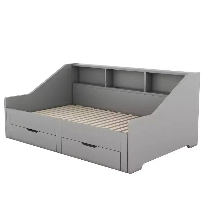 Tagesbett vom Twin- bis zum Kingsize-Format mit USB-Anschlüssen, Bücherregalen und zwei Schubladen, Weiß/Grau