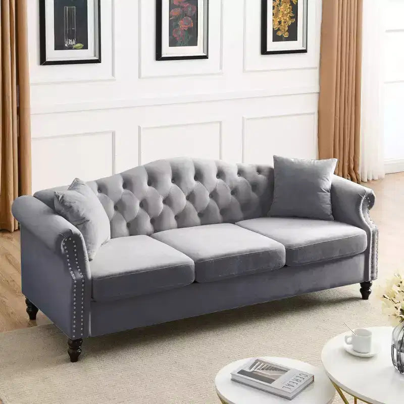 79 Chesterfield Sofa, grauer Samt, für Wohnzimmer, 3-Sitzer-Sofa, getuftete Couch mit gerollten Armlehnen und Nagelköpfen für Wohnzimmer