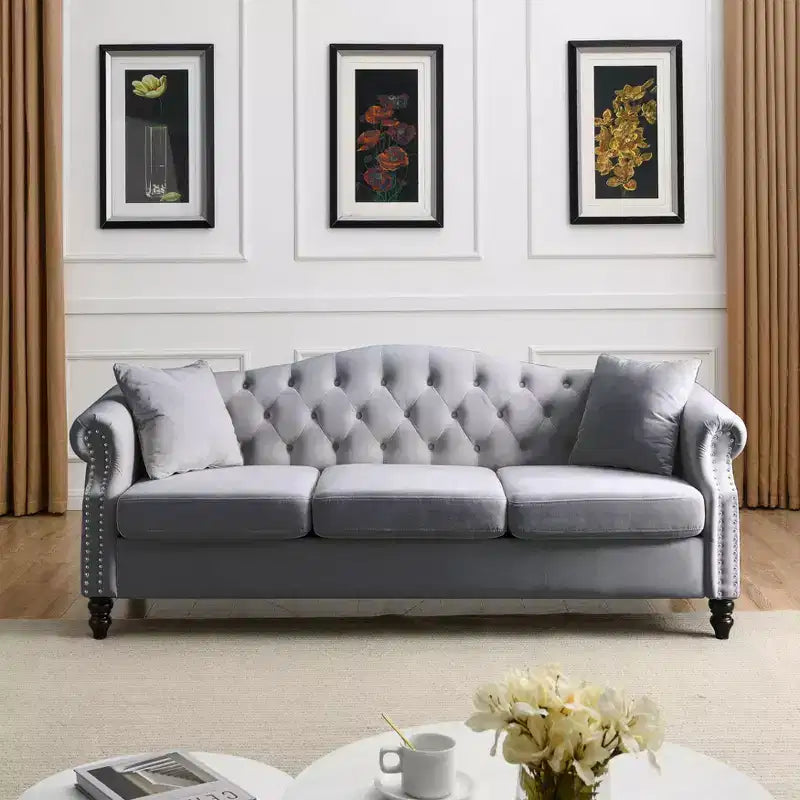 79 Chesterfield Sofa, grauer Samt, für Wohnzimmer, 3-Sitzer-Sofa, getuftete Couch mit gerollten Armlehnen und Nagelköpfen für Wohnzimmer