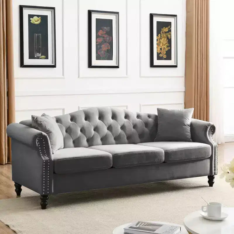 79 Chesterfield Sofa, grauer Samt, für Wohnzimmer, 3-Sitzer-Sofa, getuftete Couch mit gerollten Armlehnen und Nagelköpfen für Wohnzimmer