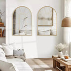 Golden Grid Wall Mirror with Right Angle Double Arch, Iron Art Design