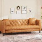 Mid-Century Modern Ledersofa für Wohnzimmer, Chesterfield-Sofa mit tiefen Sitzen und 2 Kissen, 3-Sitzer-Sofa mit geknöpftem Leder