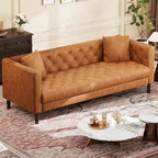 Mid-Century Modern Ledersofa für Wohnzimmer, Chesterfield-Sofa mit tiefen Sitzen und 2 Kissen, 3-Sitzer-Sofa mit geknöpftem Leder