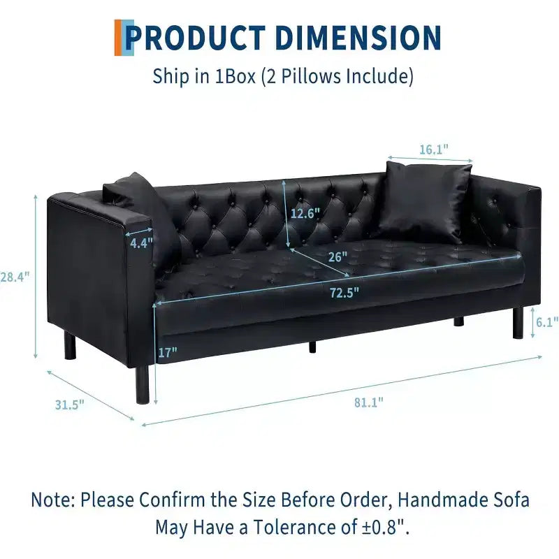Mid-Century Modern Ledersofa für das Wohnzimmer, Chesterfield Sofa mit tiefen Sitzen und 2 Kissen, 3-Sitzer-Sofa mit geknöpftem Lederbezug