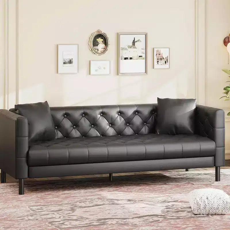 Mid-Century Modern Ledersofa für das Wohnzimmer, Chesterfield Sofa mit tiefen Sitzen und 2 Kissen, 3-Sitzer-Sofa mit geknöpftem Lederbezug