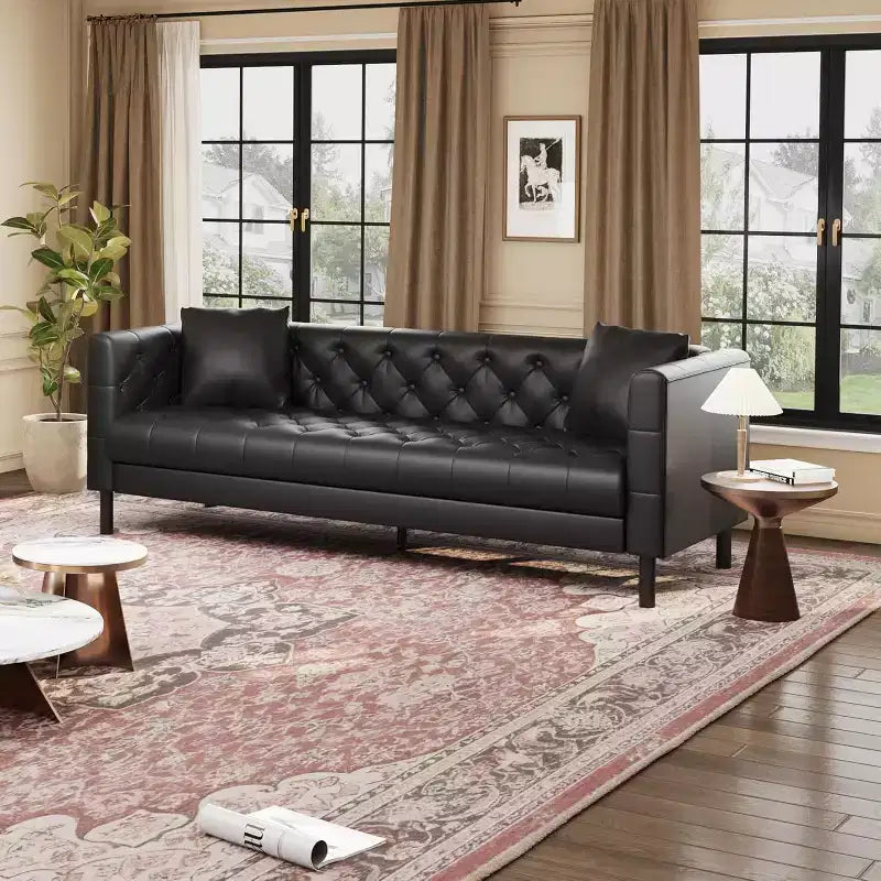 Mid-Century Modern Ledersofa für das Wohnzimmer, Chesterfield Sofa mit tiefen Sitzen und 2 Kissen, 3-Sitzer-Sofa mit geknöpftem Lederbezug