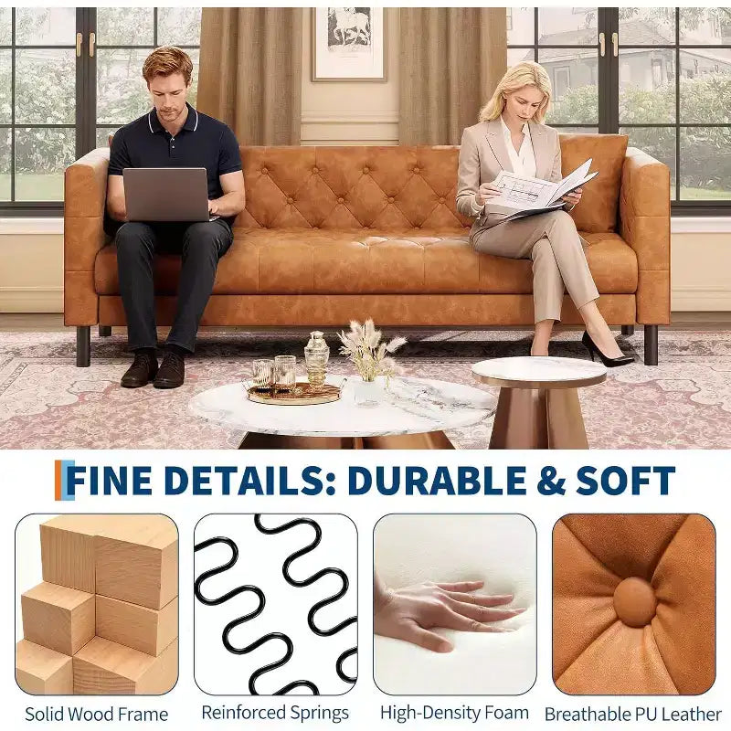 Mid-Century Modern Ledersofa für das Wohnzimmer, Chesterfield Sofa mit tiefen Sitzen und 2 Kissen, 3-Sitzer-Sofa mit geknöpftem Lederbezug