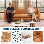 Mid-Century Modern Ledersofa für Wohnzimmer, Chesterfield-Sofa mit tiefen Sitzen und 2 Kissen, 3-Sitzer-Sofa mit geknöpftem Leder