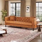 Mid-Century Modern Ledersofa für Wohnzimmer, Chesterfield-Sofa mit tiefen Sitzen und 2 Kissen, 3-Sitzer-Sofa mit geknöpftem Leder