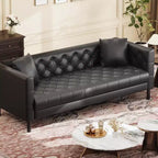 Mid-Century Modern Leather Sofa for Living Room, Chesterfield Sofa with Deep Seats and 2 Pillows, 3 Seater sofa with Butto Tufted Leather sofa