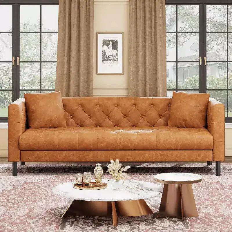 Mid-Century Modern Ledersofa für das Wohnzimmer, Chesterfield Sofa mit tiefen Sitzen und 2 Kissen, 3-Sitzer-Sofa mit geknöpftem Lederbezug