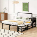 Luxystar Full Size Metal Platform Bed with Upholstered Headboard, 2-Tier Storage Shelves, Wooden Storage Cabinet and USB Charging Ports