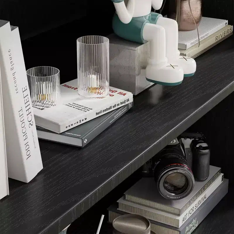 67 Schwarzes Bücherregal mit Vitrine, verstellbaren Einlegeböden und 2 Glastüren für das Wohnzimmer