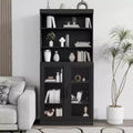 67 Black 6-Tier Display Case Bookshelf with Adjustable Shelves and 2 Glass Doors for Living Room