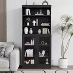 67 Black 6-Tier Display Case Bookshelf with Adjustable Shelves and 2 Glass Doors for Living Room