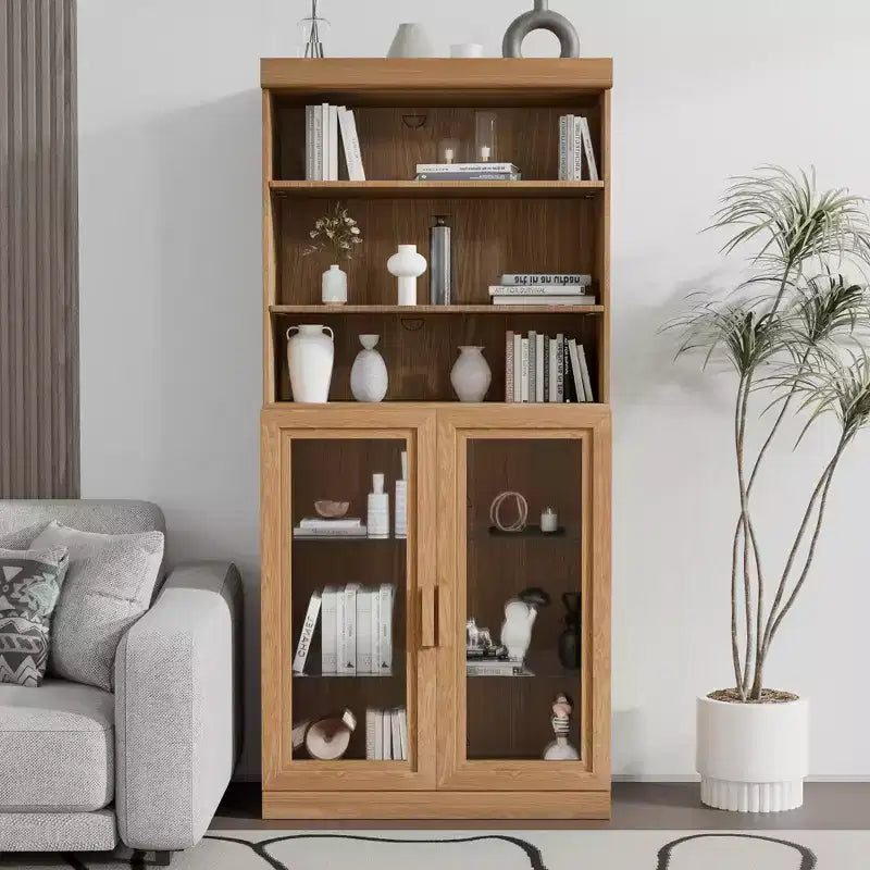 67 Schwarzes Bücherregal mit Vitrine, verstellbaren Einlegeböden und 2 Glastüren für das Wohnzimmer