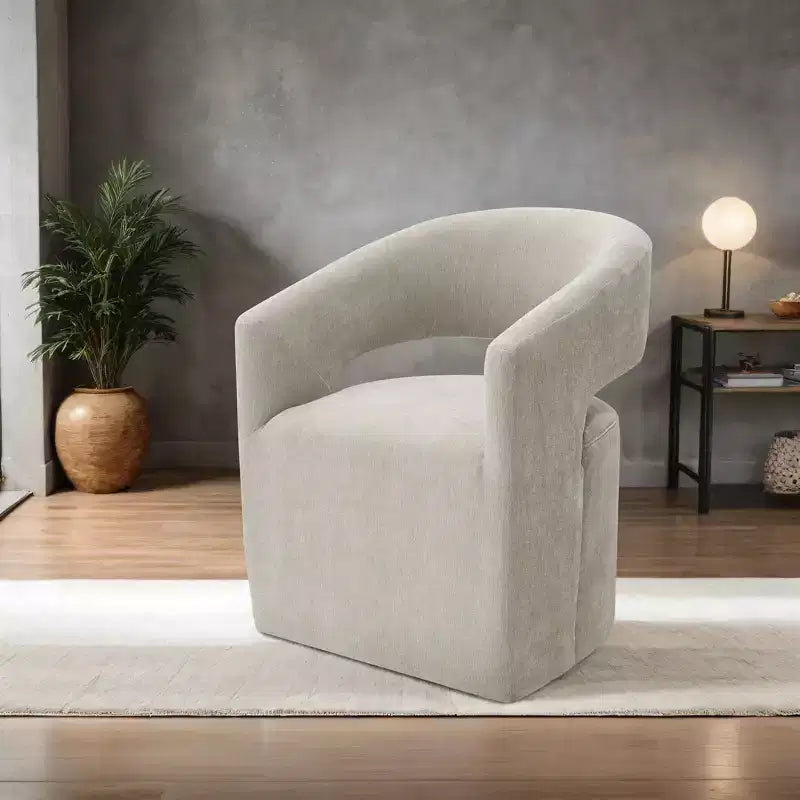 Sessel mit geschwungener Rückenlehne,Drehsessel mit Fußkreuz,Rollen,runder Sitz,neutraler strukturierter Stoff,Loungesessel für Wohnzimmer,Schlafzimmer