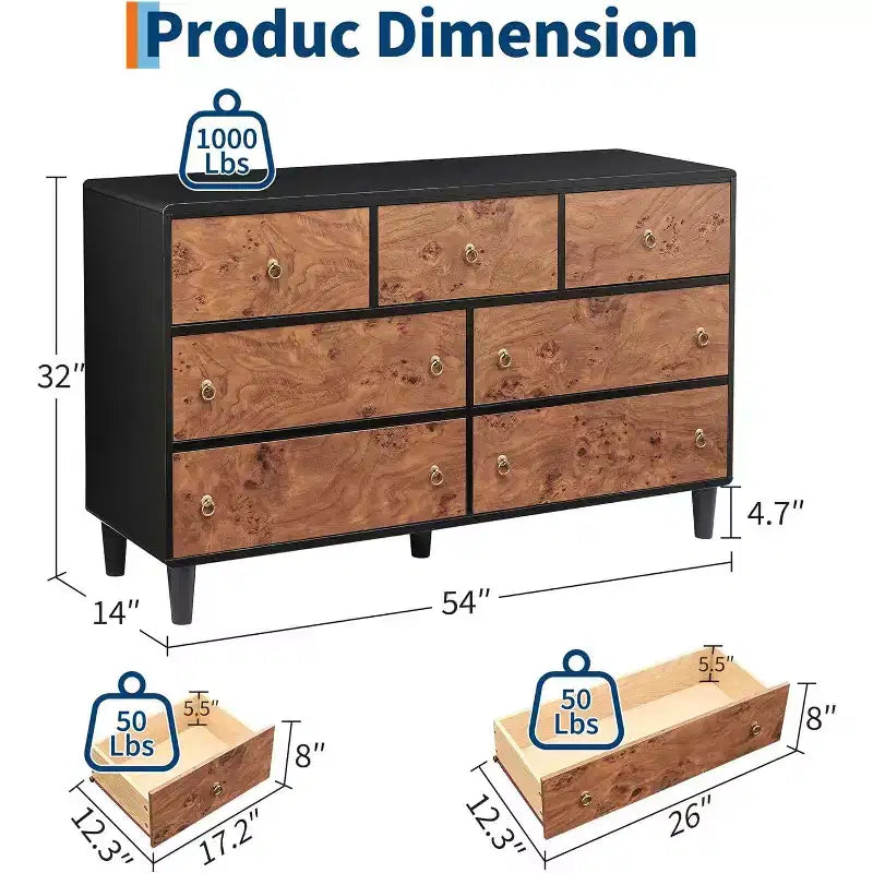 Kommode für Schlafzimmer, 54 Zoll breite moderne Schubladenkommode mit Vintage-Kreisgriff und gebogenem Profil-Design, Holzkommode für Wohnzimmer, Flur