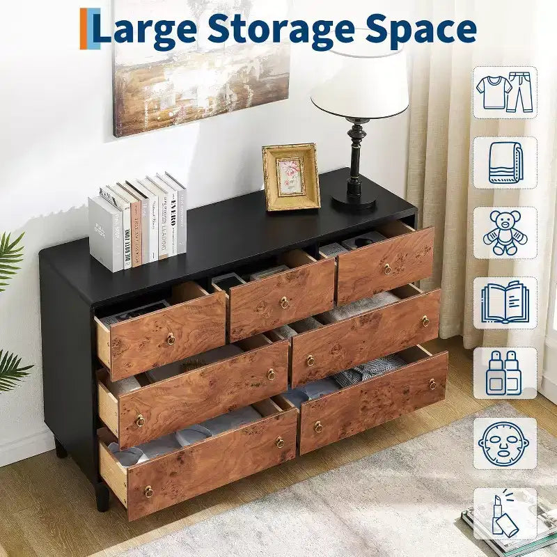Kommode für Schlafzimmer, 54 Zoll breite moderne Schubladenkommode mit Vintage-Kreisgriff und gebogenem Profil-Design, Holzkommode für Wohnzimmer, Flur