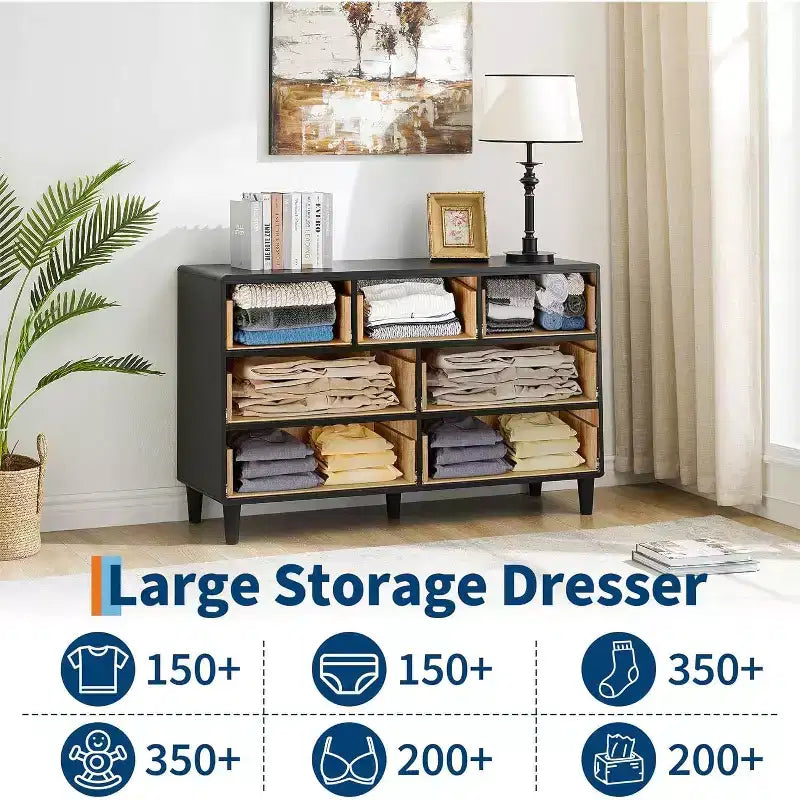 Kommode für Schlafzimmer, 54 Zoll breite moderne Schubladenkommode mit Vintage-Kreisgriff und gebogenem Profil-Design, Holzkommode für Wohnzimmer, Flur