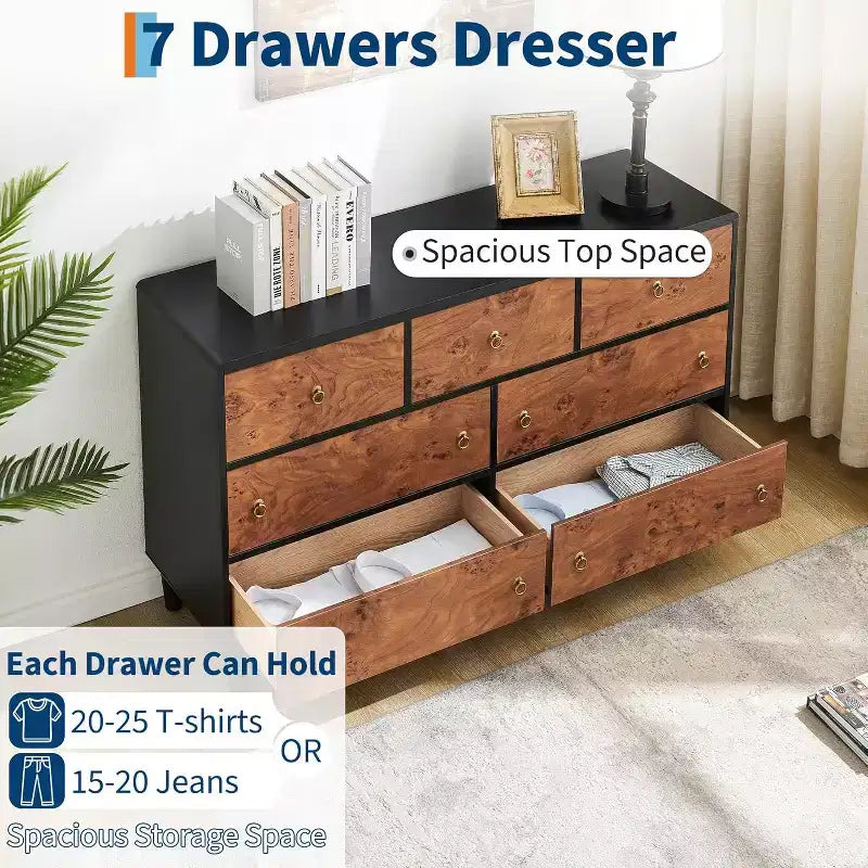 Kommode für Schlafzimmer, 54 Zoll breite moderne Schubladenkommode mit Vintage-Kreisgriff und gebogenem Profil-Design, Holzkommode für Wohnzimmer, Flur