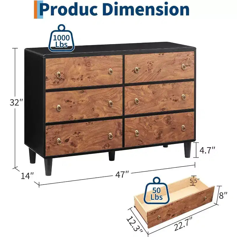 Kommode für Schlafzimmer, 54 Zoll breite moderne Schubladenkommode mit Vintage-Kreisgriff und gebogenem Profil-Design, Holzkommode für Wohnzimmer, Flur