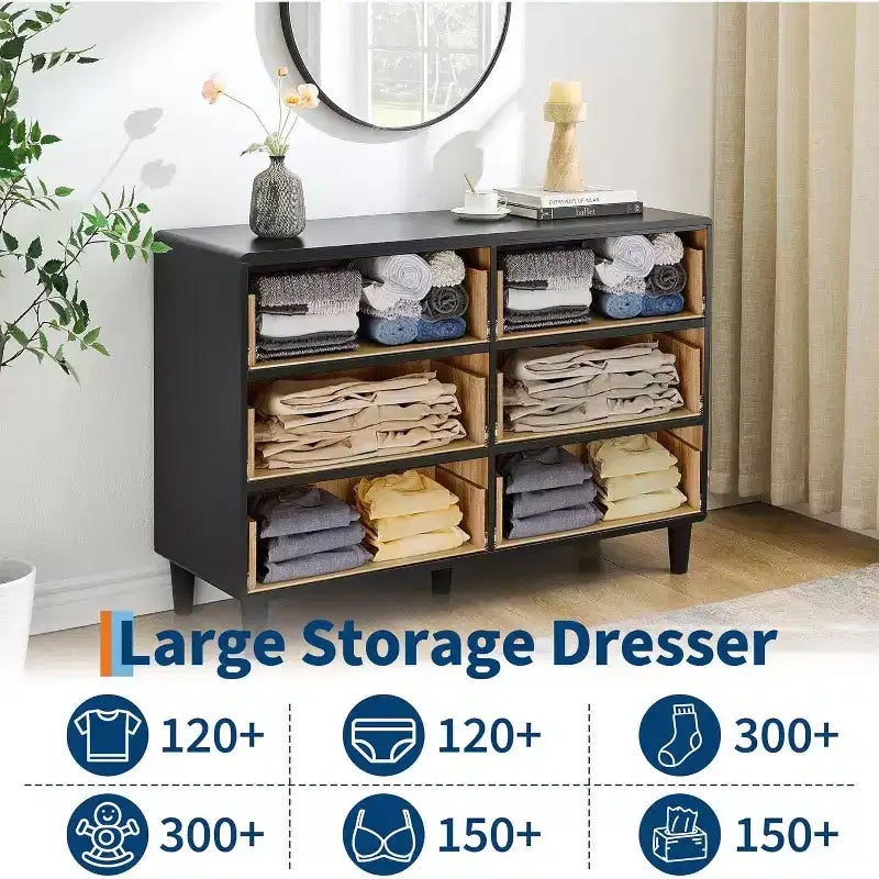 Kommode für Schlafzimmer, 54 Zoll breite moderne Schubladenkommode mit Vintage-Kreisgriff und gebogenem Profil-Design, Holzkommode für Wohnzimmer, Flur