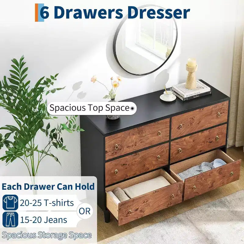 Kommode für Schlafzimmer, 54 Zoll breite moderne Schubladenkommode mit Vintage-Kreisgriff und gebogenem Profil-Design, Holzkommode für Wohnzimmer, Flur