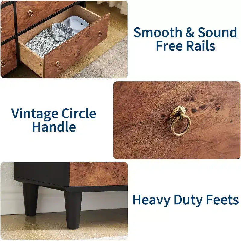 Kommode für Schlafzimmer, 54 Zoll breite moderne Schubladenkommode mit Vintage-Kreisgriff und gebogenem Profil-Design, Holzkommode für Wohnzimmer, Flur