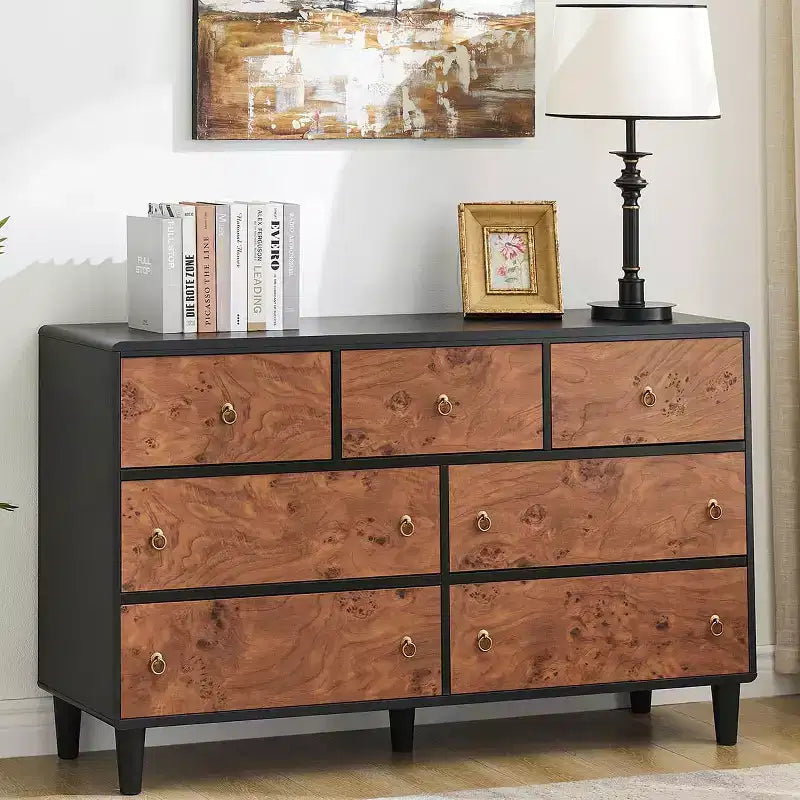 Kommode für Schlafzimmer, 54 Zoll breite moderne Schubladenkommode mit Vintage-Kreisgriff und gebogenem Profil-Design, Holzkommode für Wohnzimmer, Flur