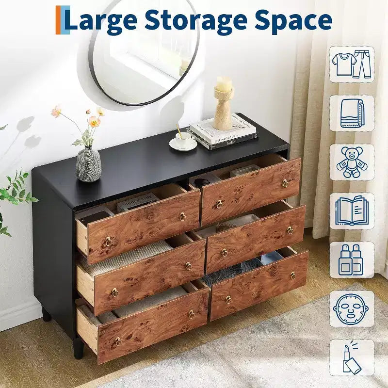 Kommode für Schlafzimmer, 54 Zoll breite moderne Schubladenkommode mit Vintage-Kreisgriff und gebogenem Profil-Design, Holzkommode für Wohnzimmer, Flur