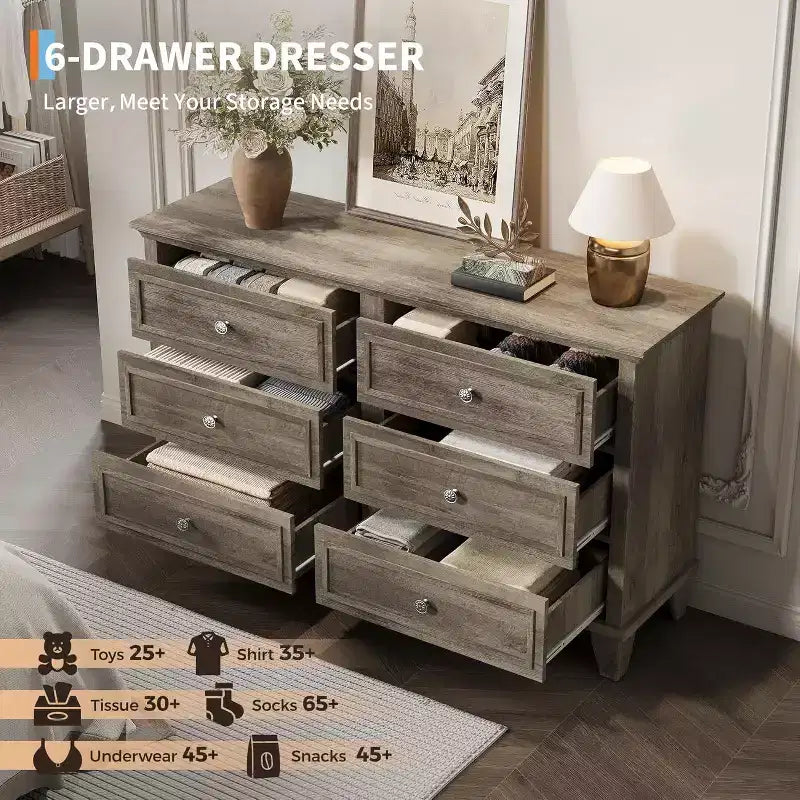 6-Schubladen-Kommode, Aufbewahrungsschrank aus Holz mit Schubladen, große, breite Kommode als TV-Ständer, moderne Schubladenorganizer für Schlafzimmer, Wohnzimmer, Flur, Eingangsbereich