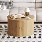 28 runder Couchtisch mit Stauraum, Mid-Century Modern Beistelltisch mit geriffelter Schiebetür für Wohnzimmer