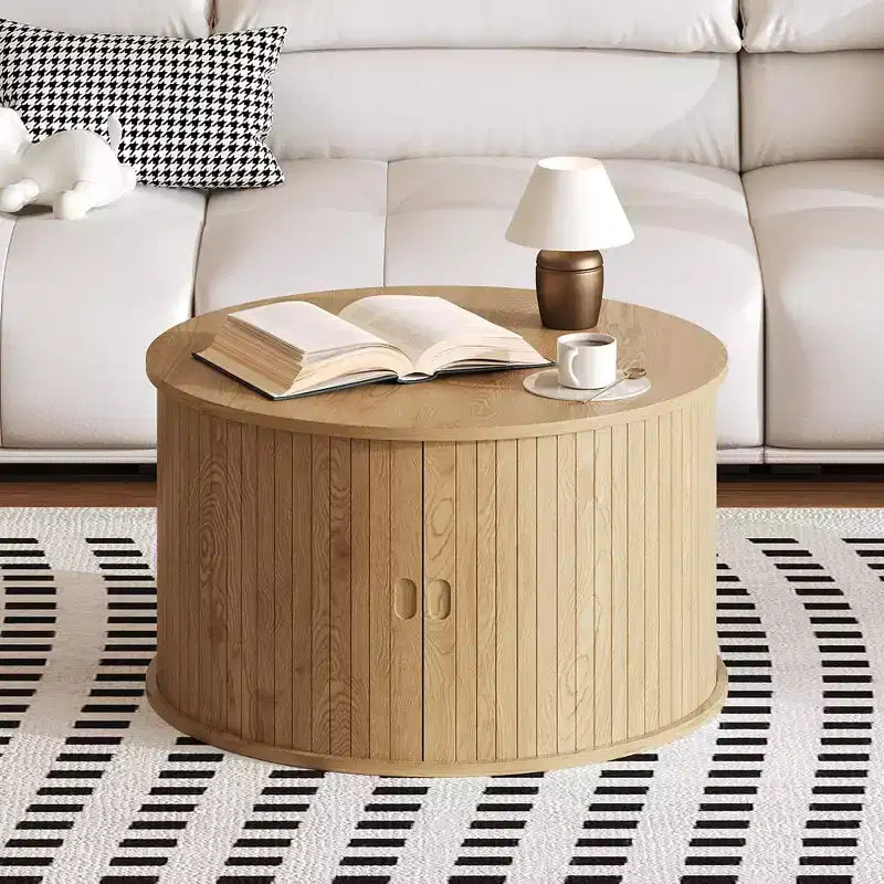 28 runder Couchtisch mit Stauraum, Mid-Century Modern Beistelltisch geriffelt mit Schiebetür für das Wohnzimmer