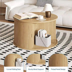 28 runder Couchtisch mit Stauraum, Mid-Century Modern Beistelltisch mit geriffelter Schiebetür für Wohnzimmer