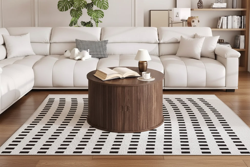 28 runder Couchtisch mit Stauraum, Mid-Century Modern Beistelltisch geriffelt mit Schiebetür für das Wohnzimmer